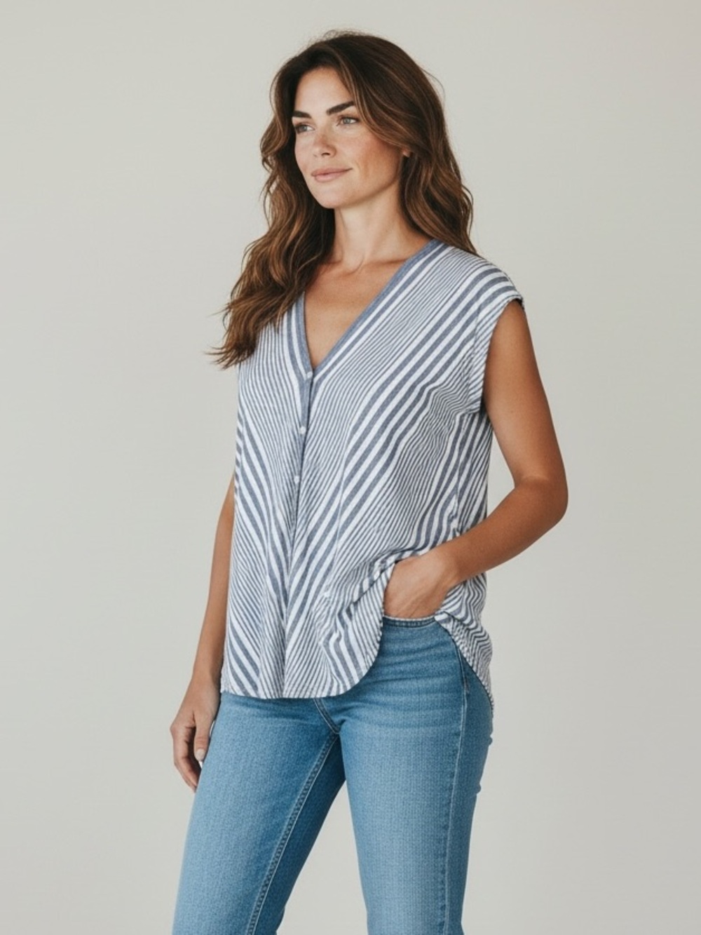 Max Studio Sleeveless Blue & White Striped V-Neck Button Front Top
